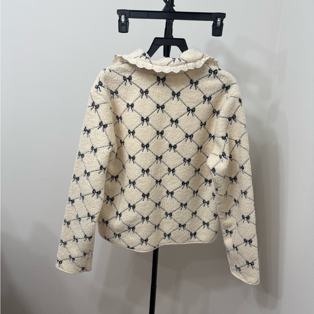 Altar'd State Cream Teddy Jacket with Black Bow Motif - Picture 8 of 8